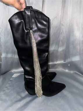 Azalea Wang Black Rhinestone Tassel Glam Western Heeled Boot
